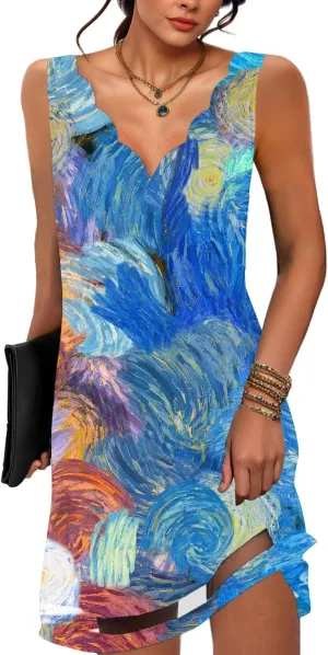 ETCYY NEW Summer Dresses for Women 2025 Seashell Edge V Neck Sleeveless Sundresses Beach Cover Ups Tank Dress with Pockets