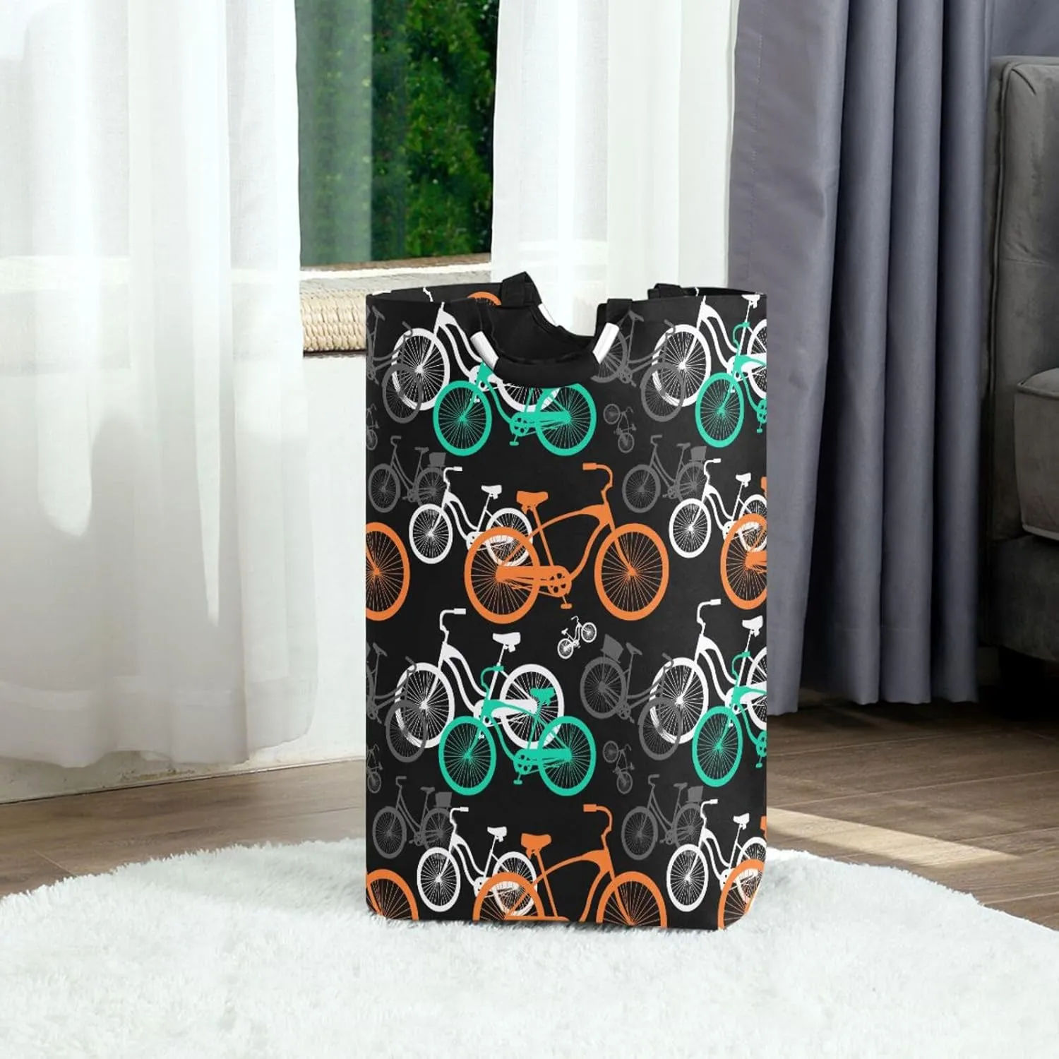 Exnundod Laundry Hamper Bike Transportation Pattern Laundry Basket Collapsible Laundry Bag Cute Bicycle Cloth Hamper Towel Basket Large Storage Bag for Dorm Bedroom
