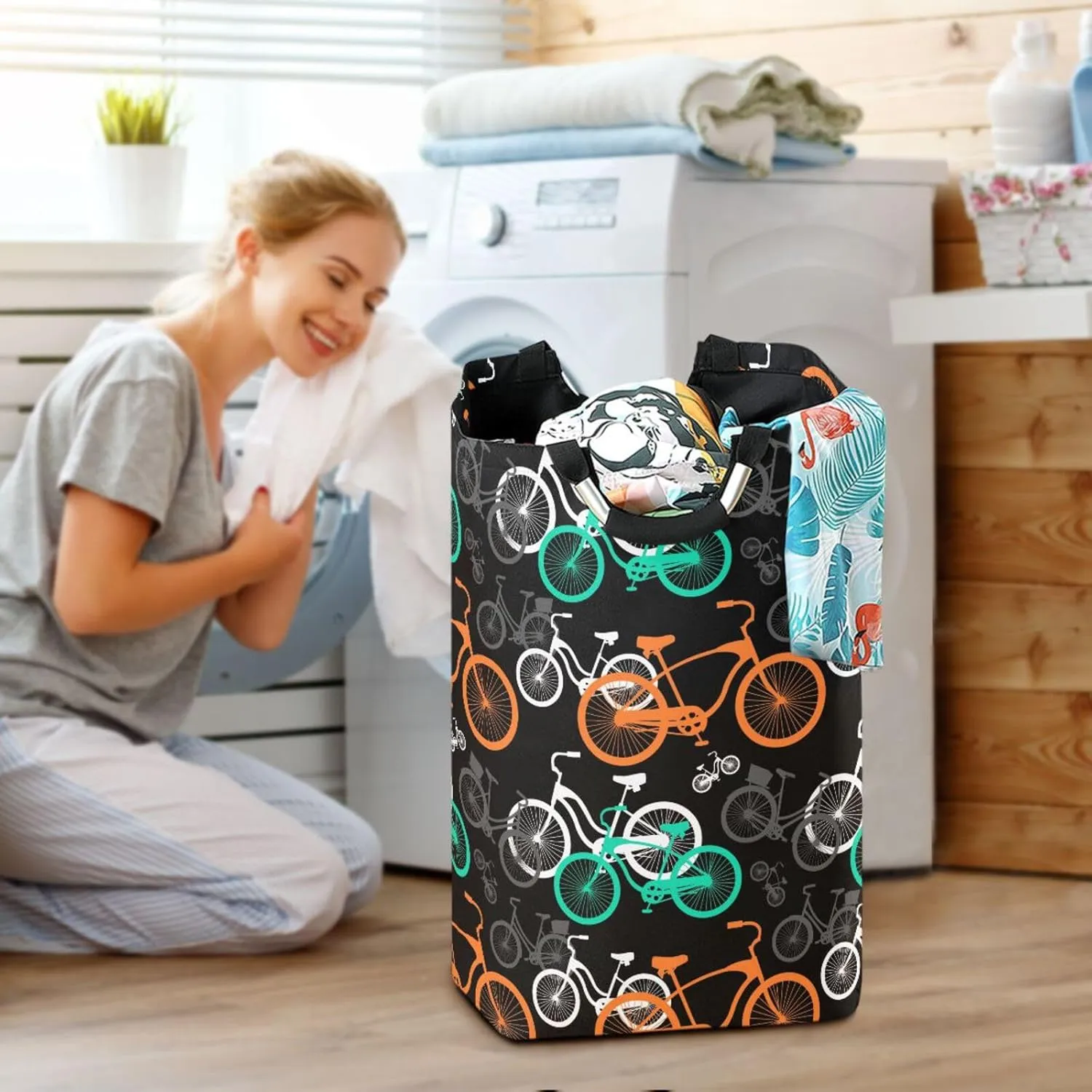 Exnundod Laundry Hamper Bike Transportation Pattern Laundry Basket Collapsible Laundry Bag Cute Bicycle Cloth Hamper Towel Basket Large Storage Bag for Dorm Bedroom