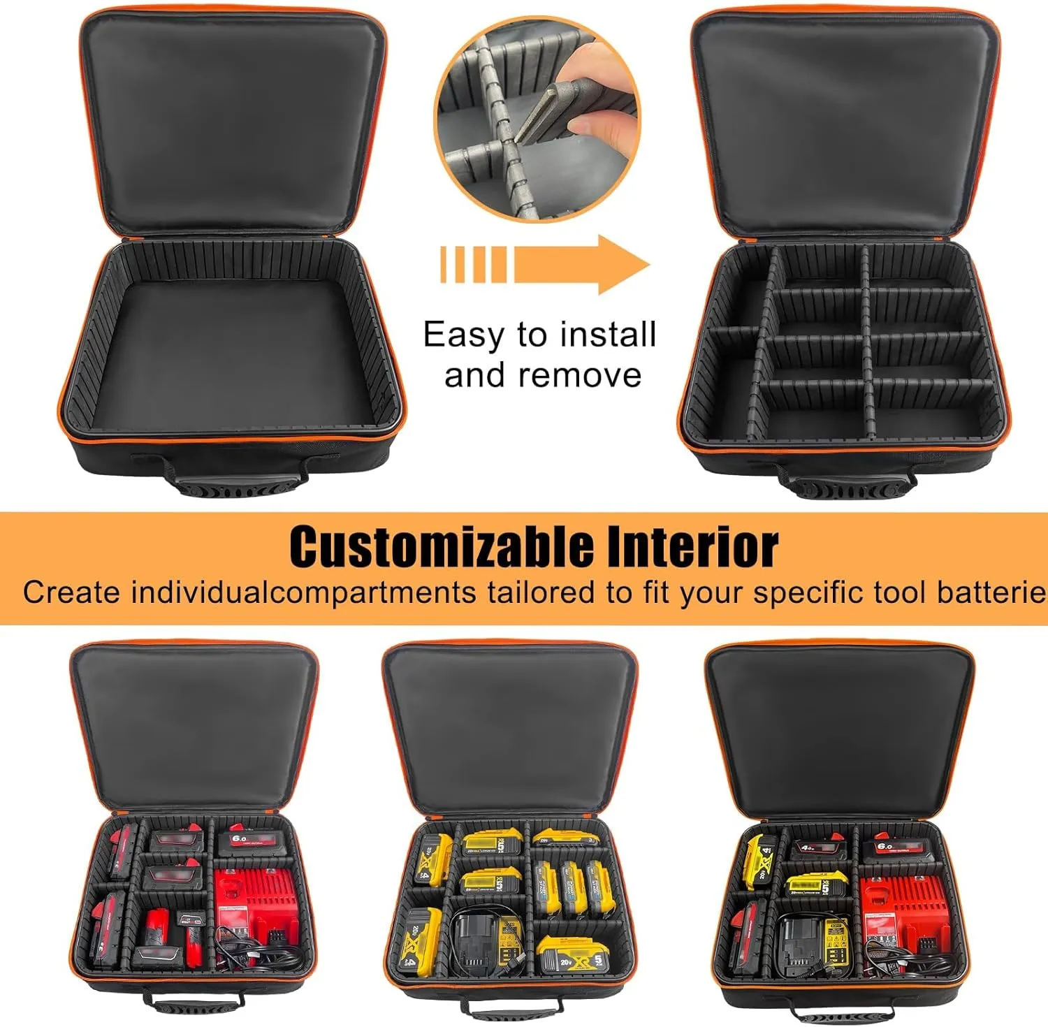 Extra Large Hard Tool Battery Carrying Case fits for Dewalt/Milwaukee/Makita 20V/60V/12V/18VBattery & Charger, Portable Power Tool Box Storage Bag with Adjustable Dividers for Accessories Organizer