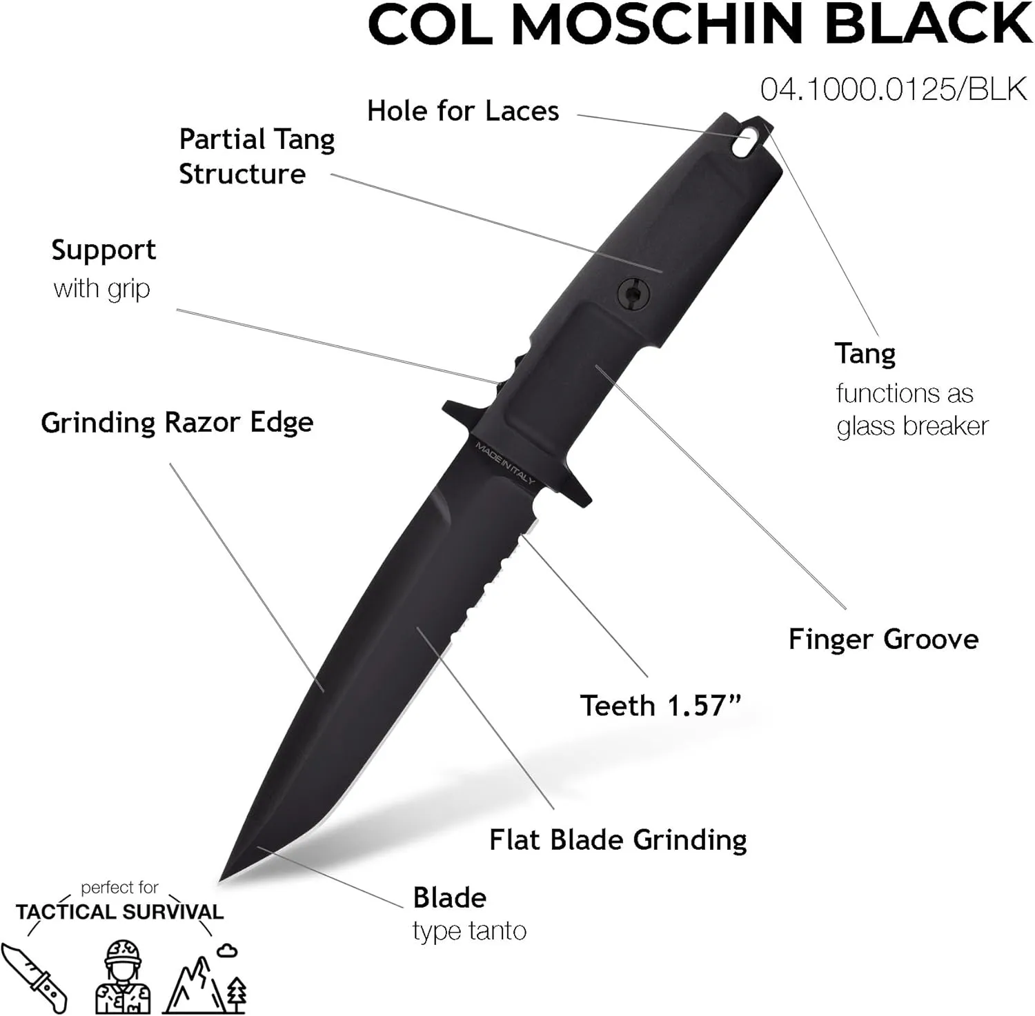 Extrema Ratio - Col Moschin (Black) Fixed Blade Knife, Böhler N690 Steel Blade 58 HRC, Black Burnished Finish, Ergonomic Handle, Durable and Versatile, Premium Italian Craftsmanship