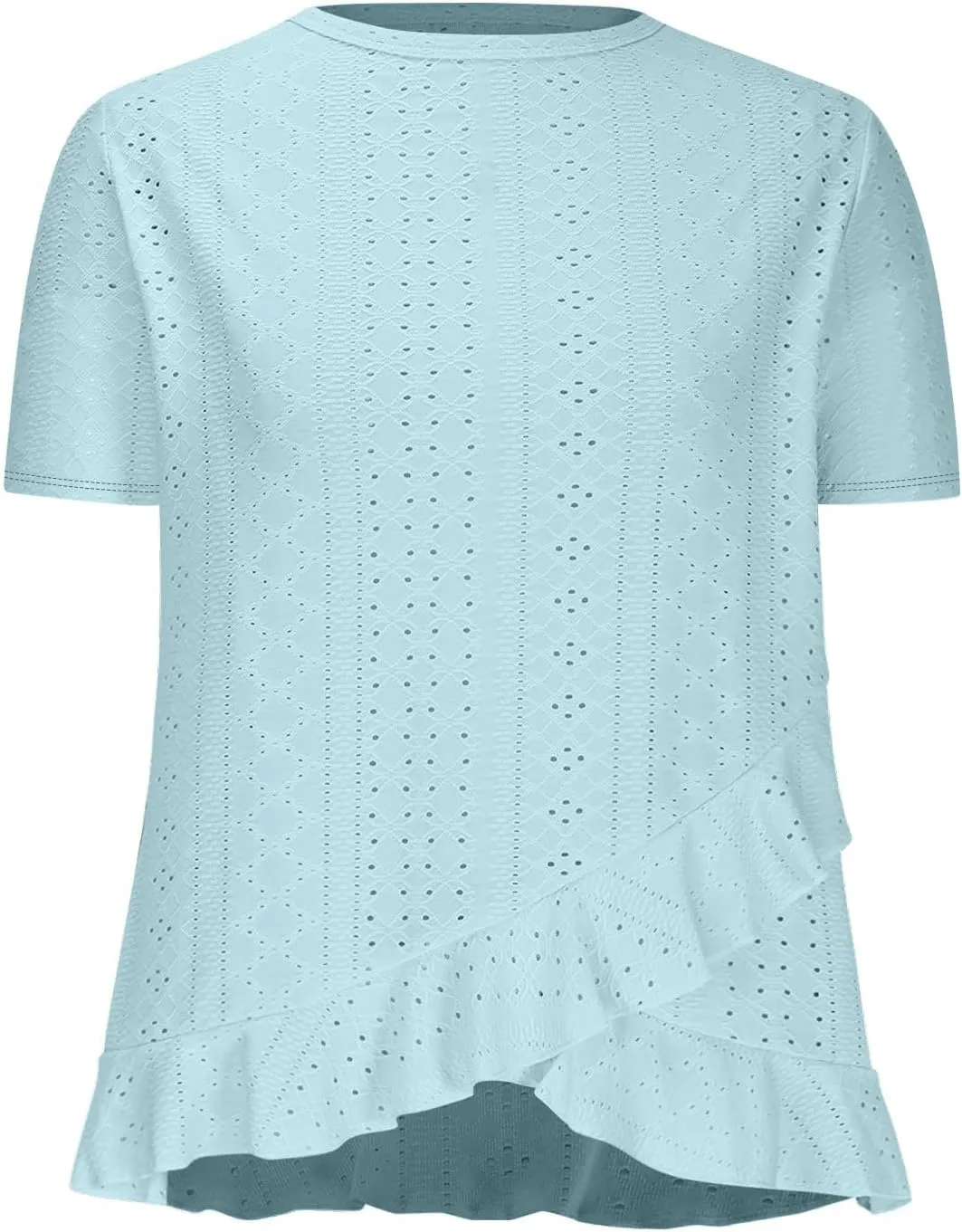 Eyelet Shirts for Women Short Sleeve Casual Solid Color Tops Fashion Loose Crew Neck T-Shirts Summer Clothes