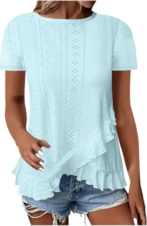 Eyelet Shirts for Women Short Sleeve Casual Solid Color Tops Fashion Loose Crew Neck T-Shirts Summer Clothes