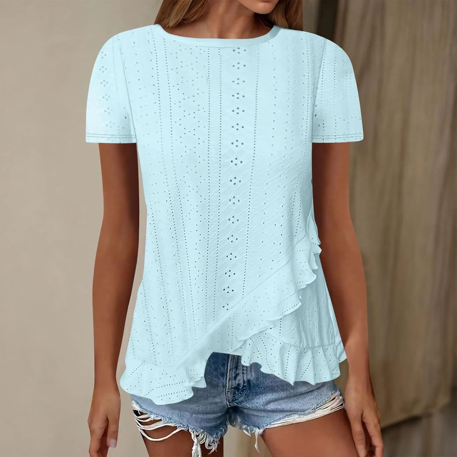 Eyelet Shirts for Women Short Sleeve Casual Solid Color Tops Fashion Loose Crew Neck T-Shirts Summer Clothes
