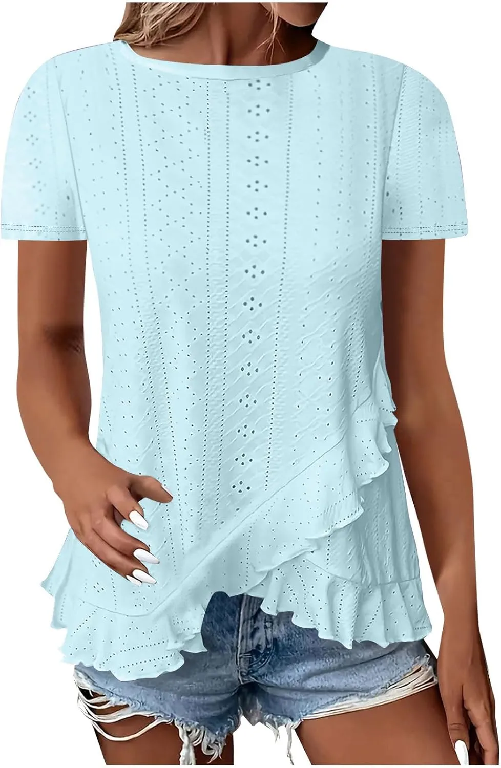 Eyelet Shirts for Women Short Sleeve Casual Solid Color Tops Fashion Loose Crew Neck T-Shirts Summer Clothes
