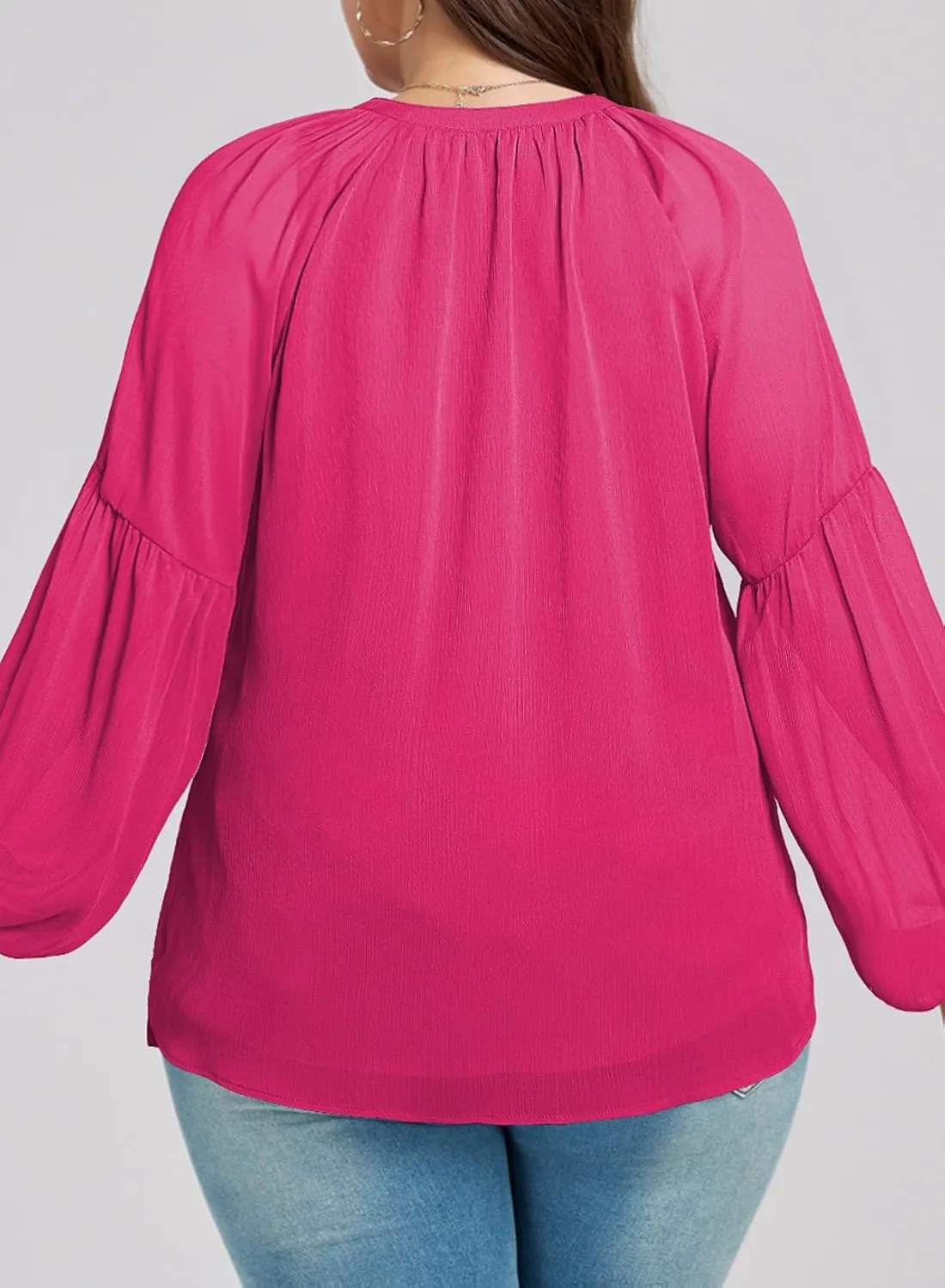 Eytino Women Plus Size Tops Summer V Neck Long Sleeve Button Down Pleated Business Work Blouse Shirts(1X-5X)