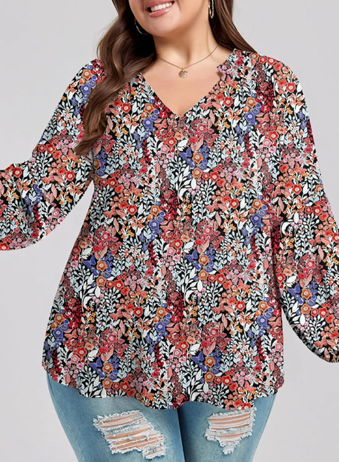 Eytino Women Plus Size Tops Summer V Neck Long Sleeve Button Down Pleated Business Work Blouse Shirts(1X-5X)