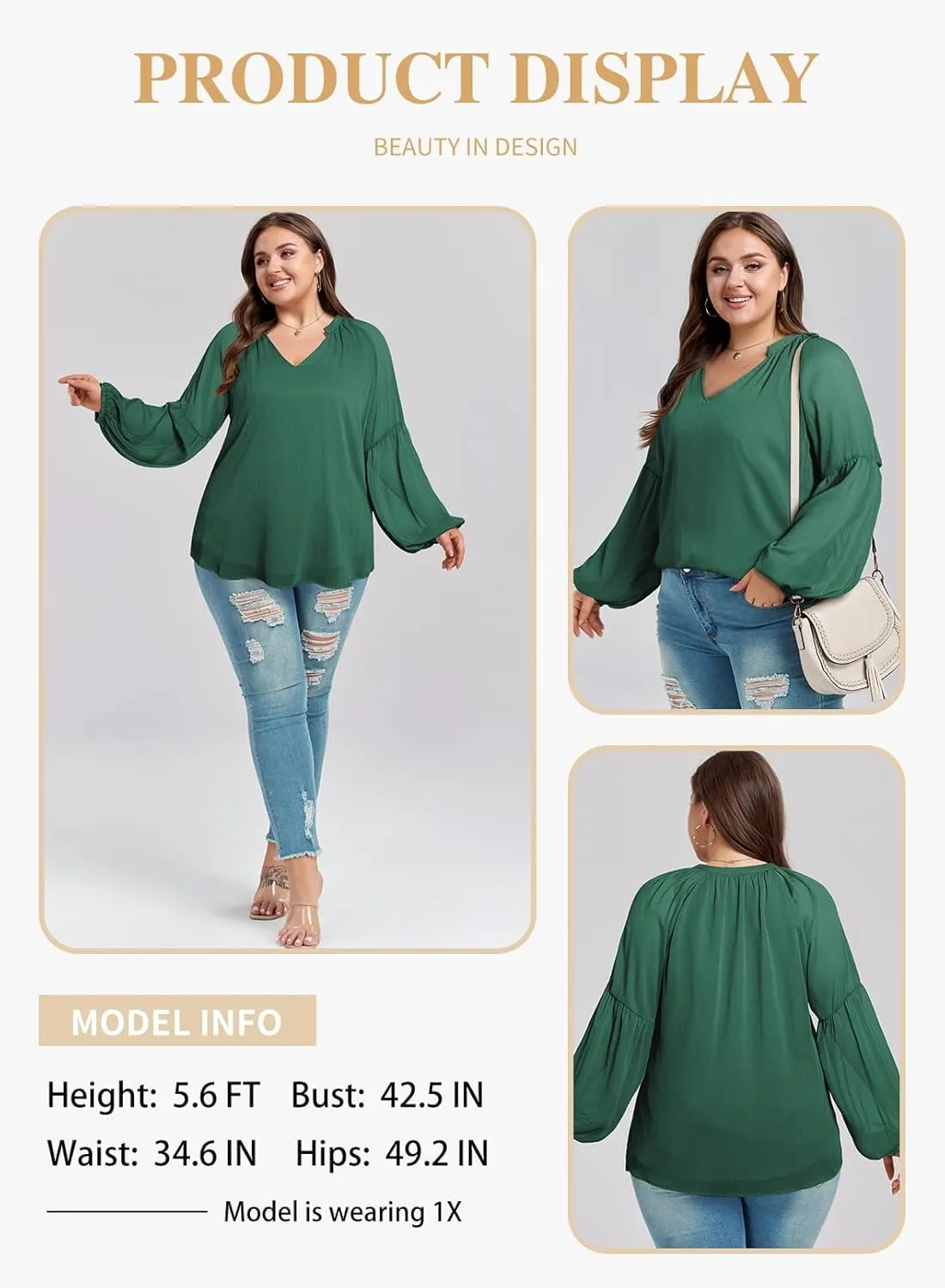 Eytino Women Plus Size Tops Summer V Neck Long Sleeve Button Down Pleated Business Work Blouse Shirts(1X-5X)