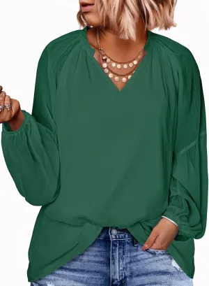 Eytino Women Plus Size Tops Summer V Neck Long Sleeve Button Down Pleated Business Work Blouse Shirts(1X-5X)