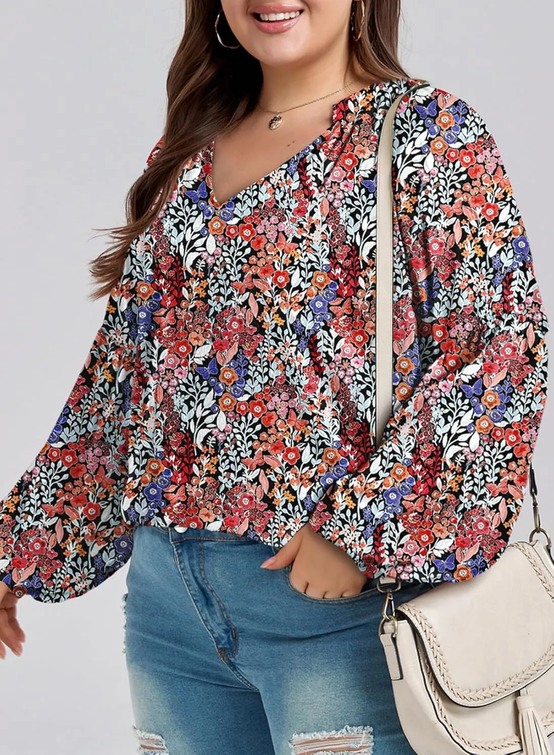 Eytino Women Plus Size Tops Summer V Neck Long Sleeve Button Down Pleated Business Work Blouse Shirts(1X-5X)