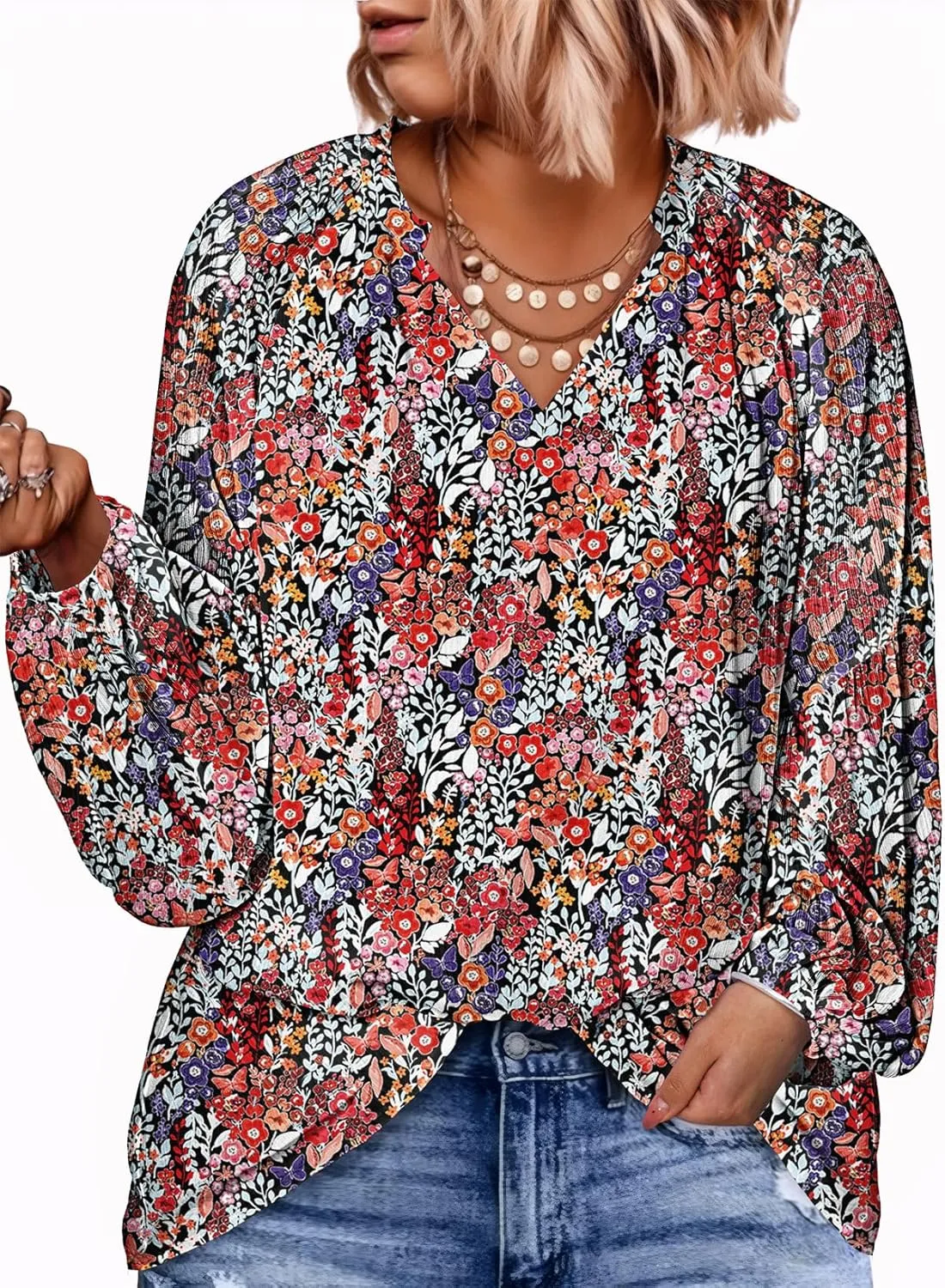 Eytino Women Plus Size Tops Summer V Neck Long Sleeve Button Down Pleated Business Work Blouse Shirts(1X-5X)