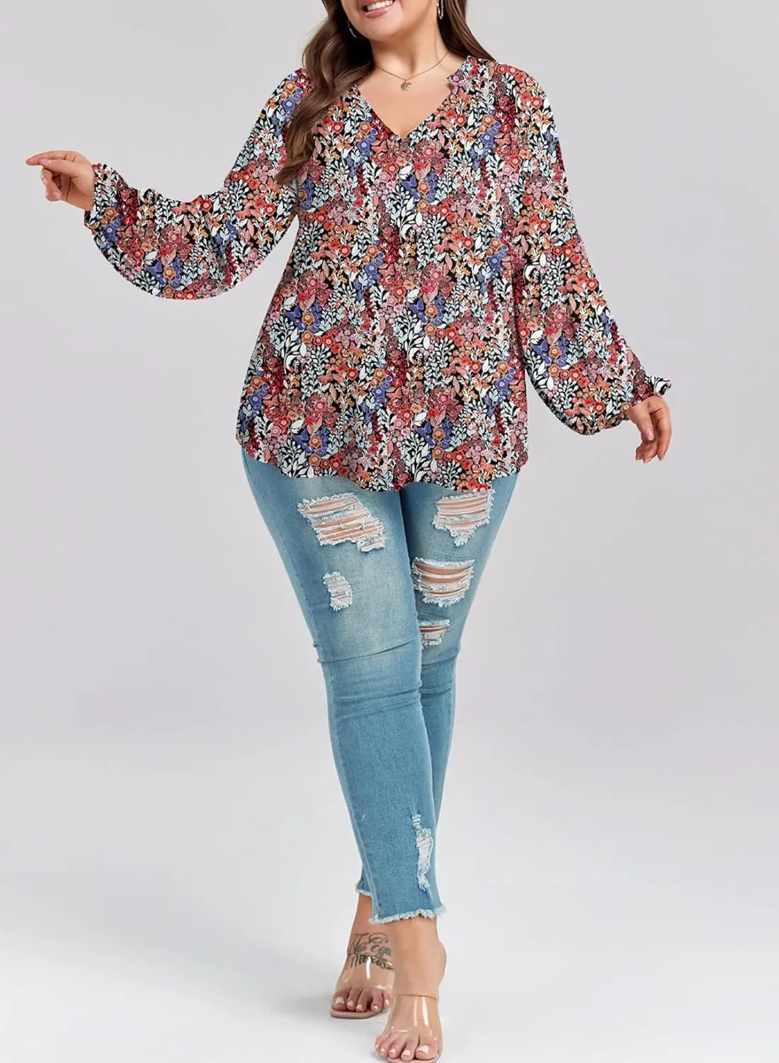 Eytino Women Plus Size Tops Summer V Neck Long Sleeve Button Down Pleated Business Work Blouse Shirts(1X-5X)