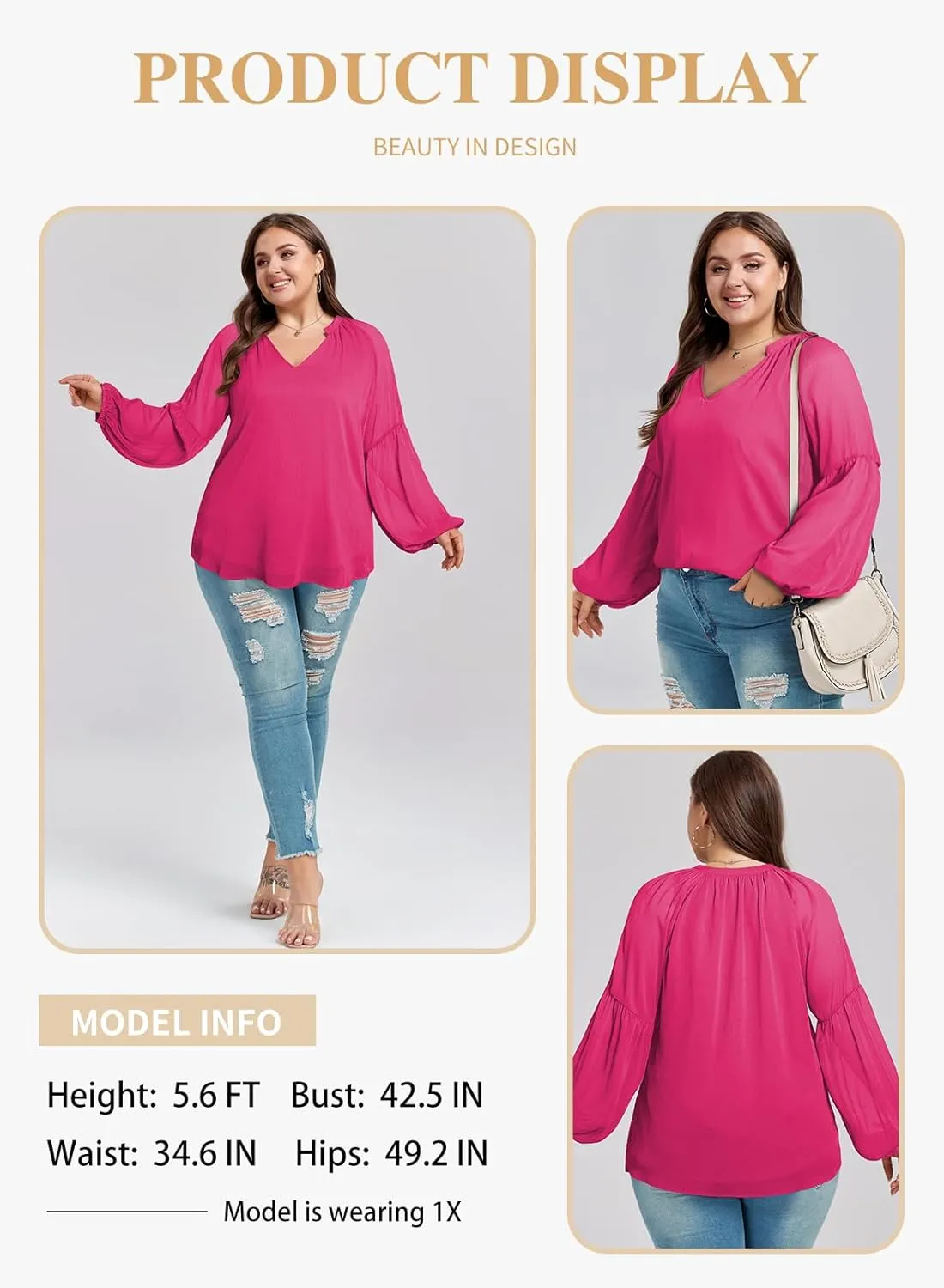 Eytino Women Plus Size Tops Summer V Neck Long Sleeve Button Down Pleated Business Work Blouse Shirts(1X-5X)