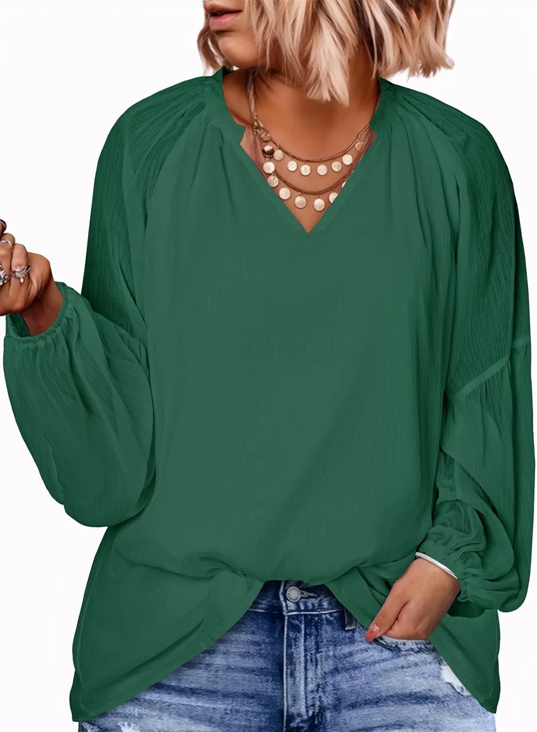 Eytino Women Plus Size Tops Summer V Neck Long Sleeve Button Down Pleated Business Work Blouse Shirts(1X-5X)