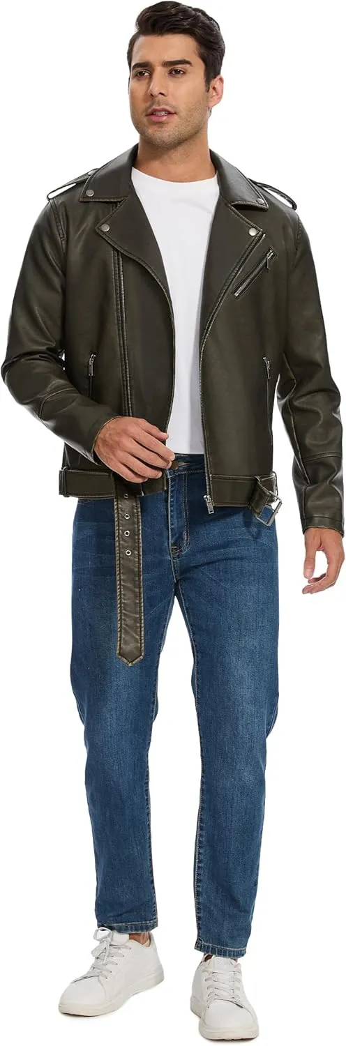 Fahsyee Leather Jackets for Men, Faux Bomber Jacket Mens Motorcycle Lapel Asymmetric Zip-Up Belt Slim Fit Biker Coat