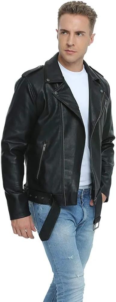 Fahsyee Leather Jackets for Men, Faux Bomber Jacket Mens Motorcycle Lapel Asymmetric Zip-Up Belt Slim Fit Biker Coat