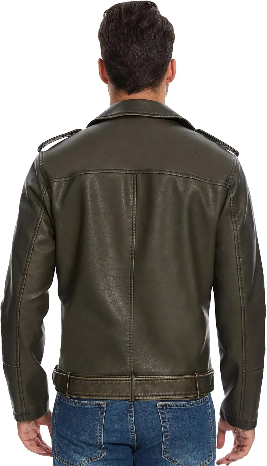 Fahsyee Leather Jackets for Men, Faux Bomber Jacket Mens Motorcycle Lapel Asymmetric Zip-Up Belt Slim Fit Biker Coat