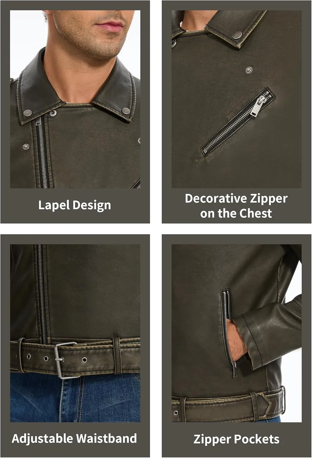 Fahsyee Leather Jackets for Men, Faux Bomber Jacket Mens Motorcycle Lapel Asymmetric Zip-Up Belt Slim Fit Biker Coat