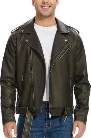 Fahsyee Leather Jackets for Men, Faux Bomber Jacket Mens Motorcycle Lapel Asymmetric Zip-Up Belt Slim Fit Biker Coat