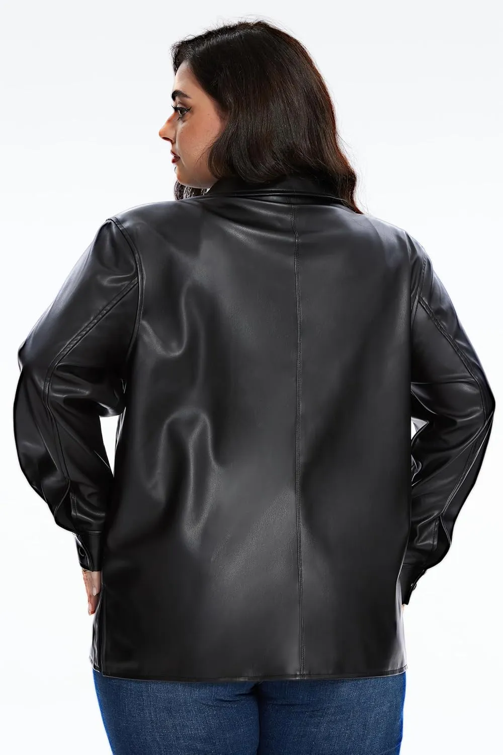 Fahsyee Women Faux Leather Shacket Moto Biker Shirts Loose Fit Blazer Long Sleeves Button Casual Jacket Plus Size S-XXL