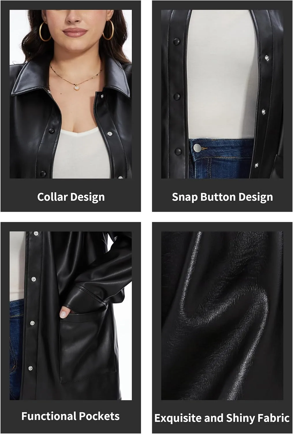 Fahsyee Women Faux Leather Shacket Moto Biker Shirts Loose Fit Blazer Long Sleeves Button Casual Jacket Plus Size S-XXL