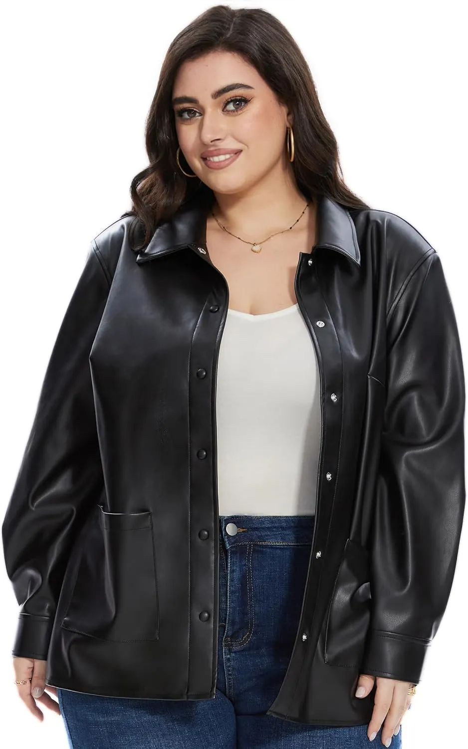 Fahsyee Women Faux Leather Shacket Moto Biker Shirts Loose Fit Blazer Long Sleeves Button Casual Jacket Plus Size S-XXL