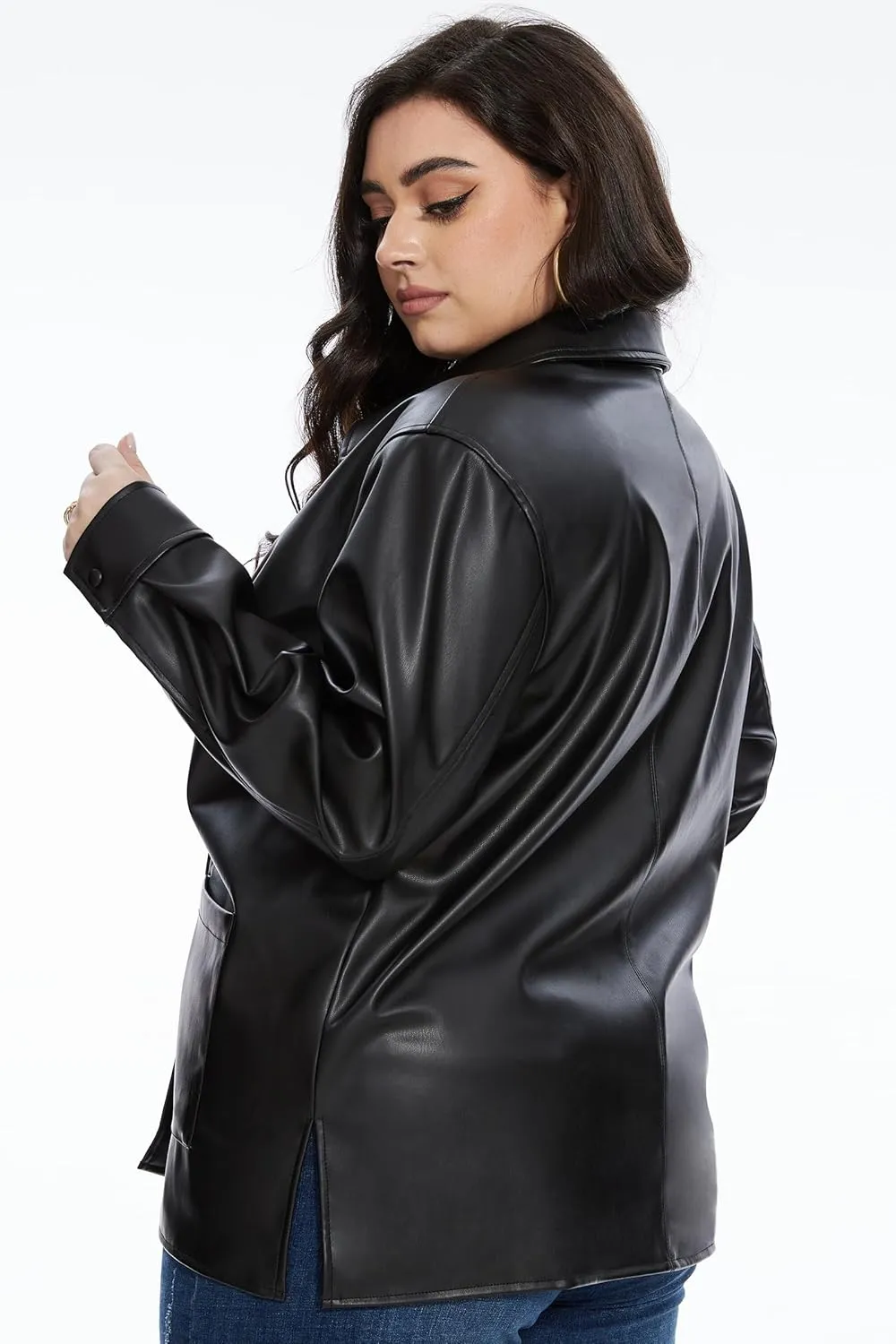 Fahsyee Women Faux Leather Shacket Moto Biker Shirts Loose Fit Blazer Long Sleeves Button Casual Jacket Plus Size S-XXL