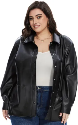 Fahsyee Women Faux Leather Shacket Moto Biker Shirts Loose Fit Blazer Long Sleeves Button Casual Jacket Plus Size S-XXL