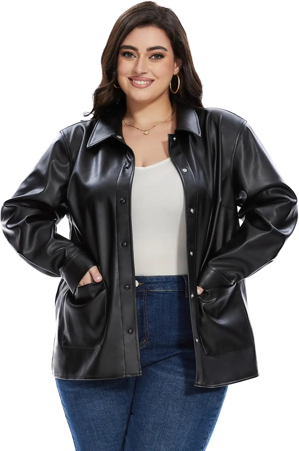 Fahsyee Women Faux Leather Shacket Moto Biker Shirts Loose Fit Blazer Long Sleeves Button Casual Jacket Plus Size S-XXL