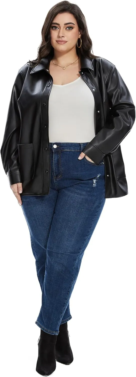 Fahsyee Women Faux Leather Shacket Moto Biker Shirts Loose Fit Blazer Long Sleeves Button Casual Jacket Plus Size S-XXL