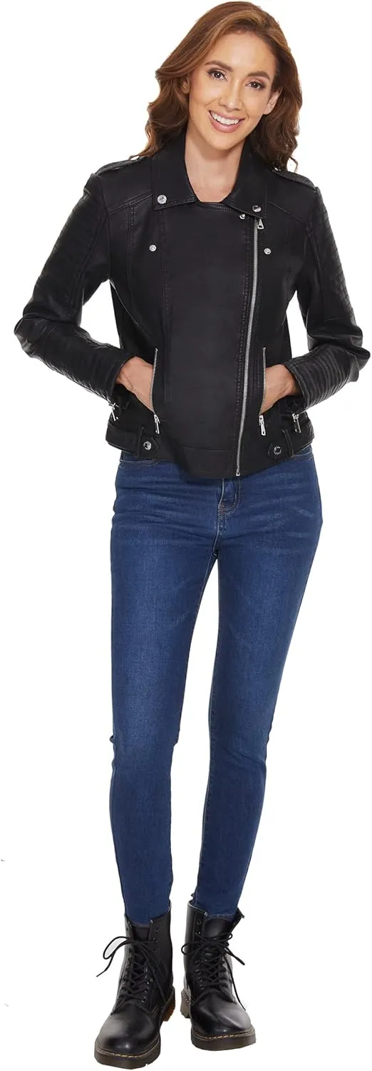 Fahsyee Women's Faux Leather Jackets, Zip Up Motorcycle Short PU Moto Biker Outwear Fitted Slim Coat