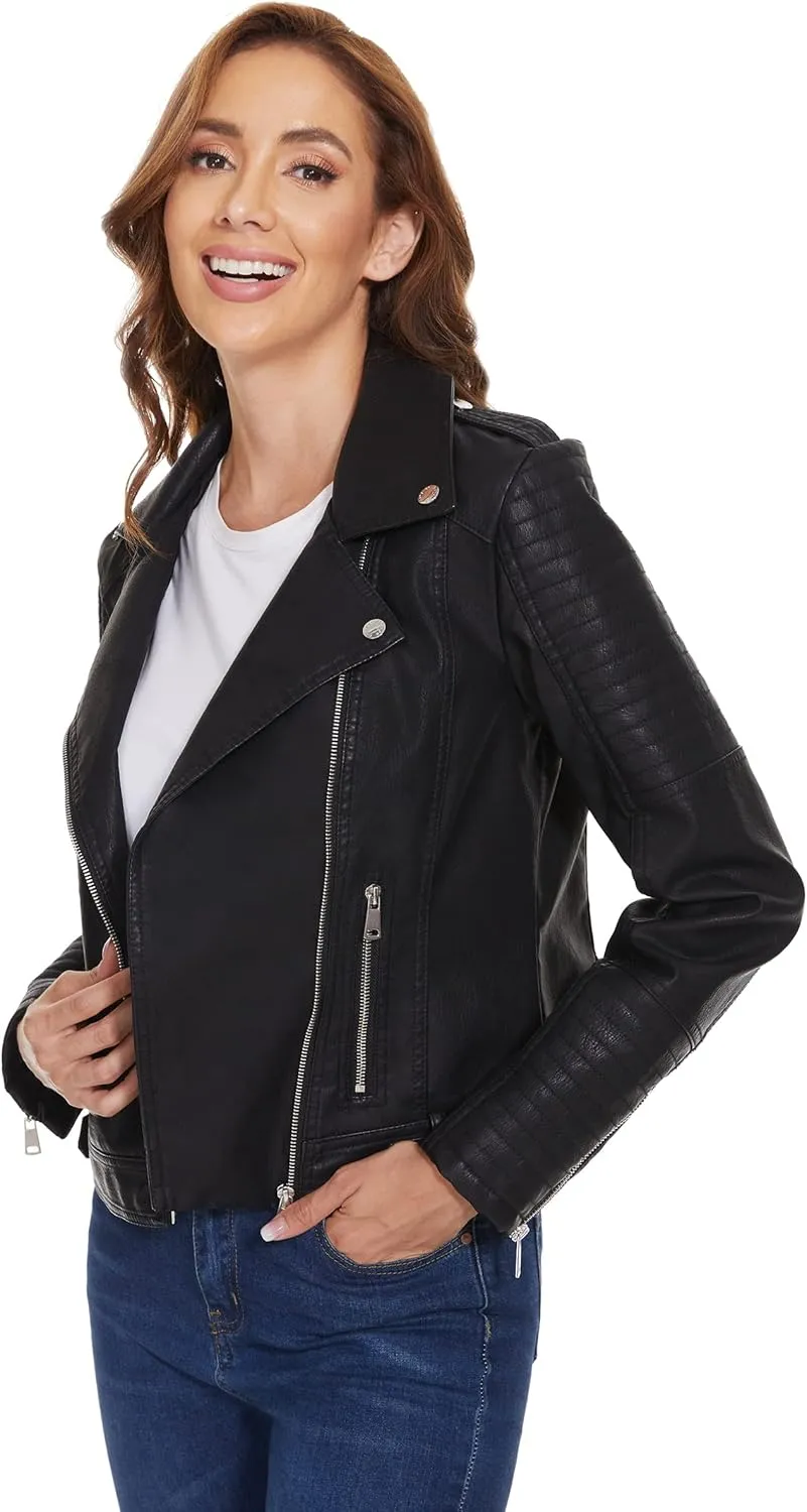 Fahsyee Women's Faux Leather Jackets, Zip Up Motorcycle Short PU Moto Biker Outwear Fitted Slim Coat
