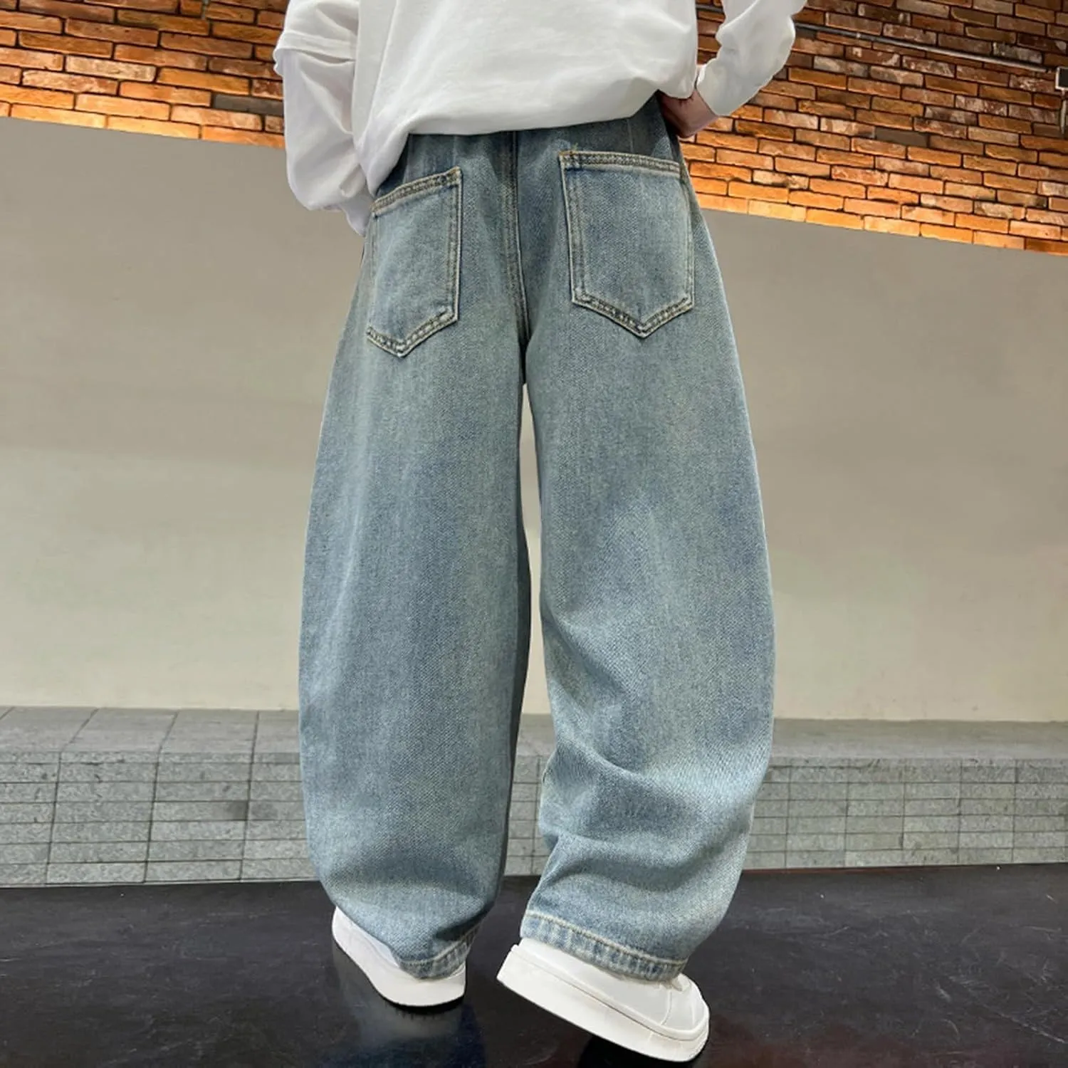 Fashion Oversized Denim Pants for Boys Adjustable Elastic Waist Straight Jeans Baggy Denim Pants with Pockets
