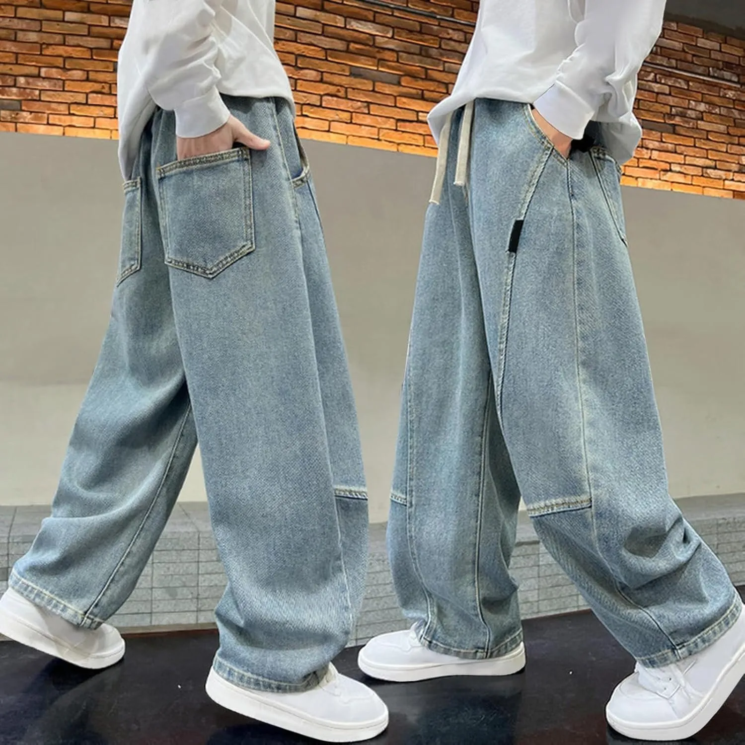 Fashion Oversized Denim Pants for Boys Adjustable Elastic Waist Straight Jeans Baggy Denim Pants with Pockets