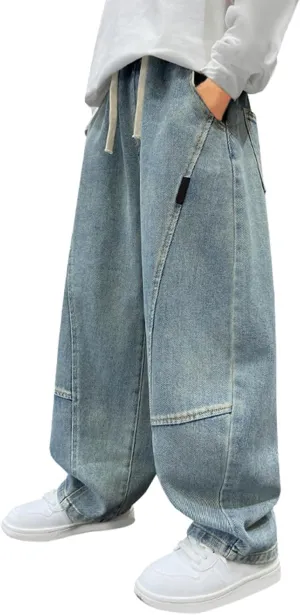 Fashion Oversized Denim Pants for Boys Adjustable Elastic Waist Straight Jeans Baggy Denim Pants with Pockets