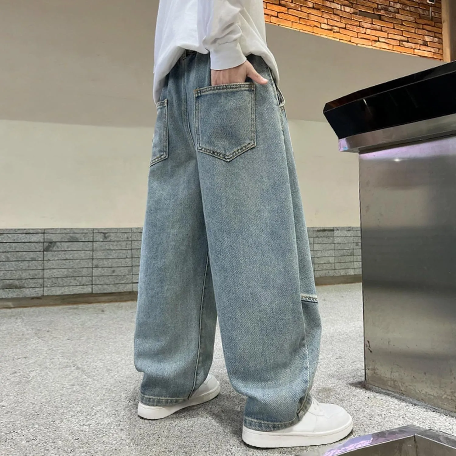 Fashion Oversized Denim Pants for Boys Adjustable Elastic Waist Straight Jeans Baggy Denim Pants with Pockets