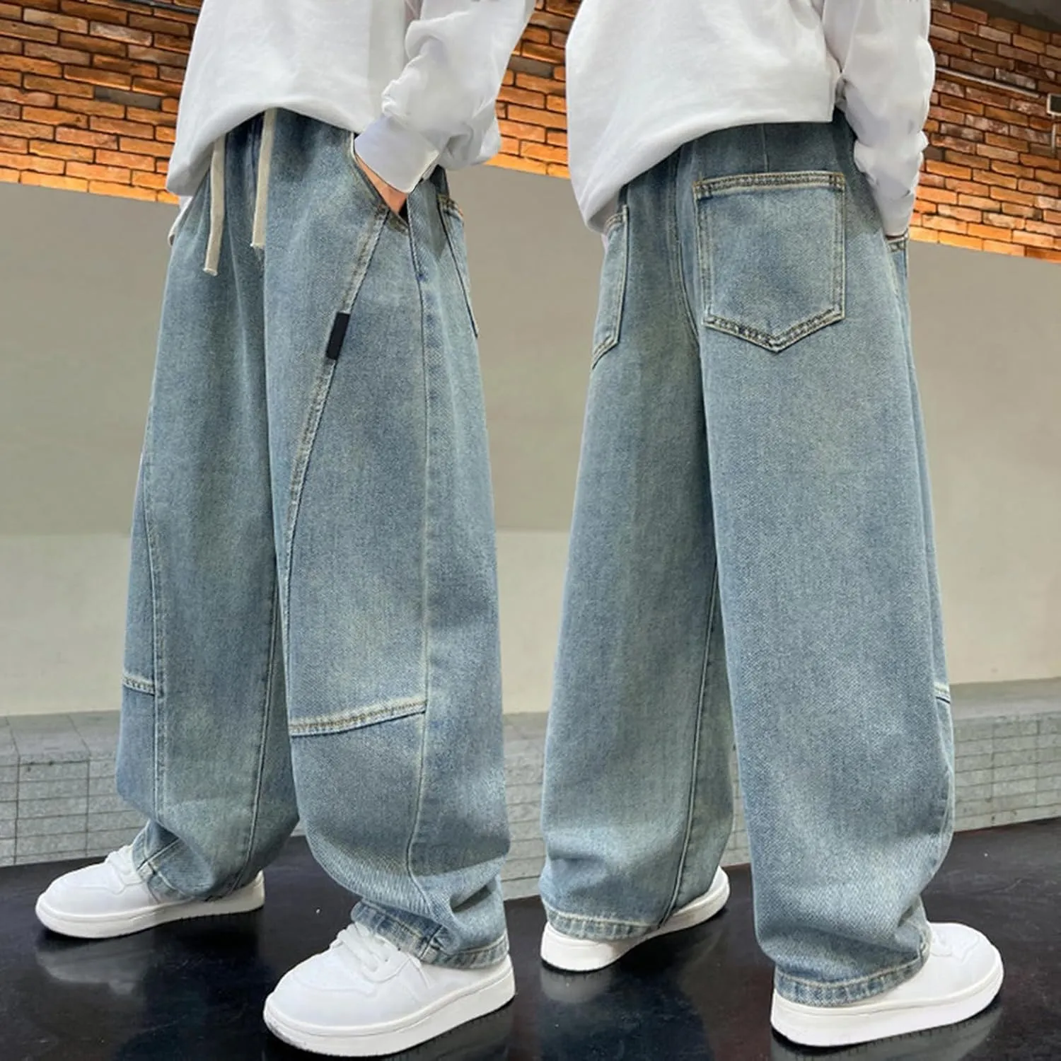 Fashion Oversized Denim Pants for Boys Adjustable Elastic Waist Straight Jeans Baggy Denim Pants with Pockets