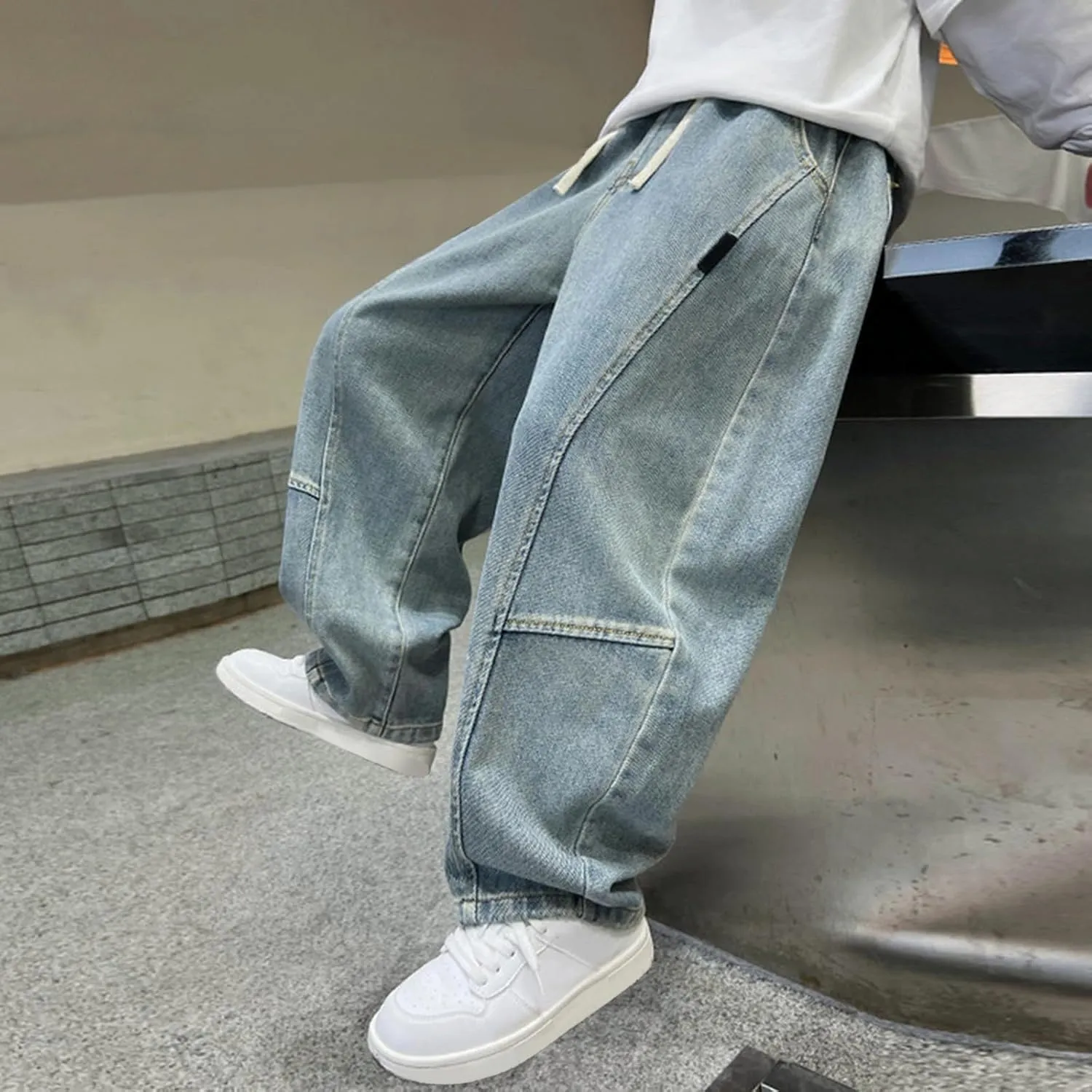 Fashion Oversized Denim Pants for Boys Adjustable Elastic Waist Straight Jeans Baggy Denim Pants with Pockets
