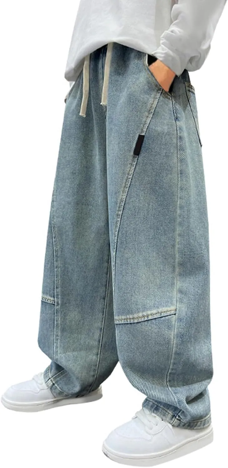 Fashion Oversized Denim Pants for Boys Adjustable Elastic Waist Straight Jeans Baggy Denim Pants with Pockets