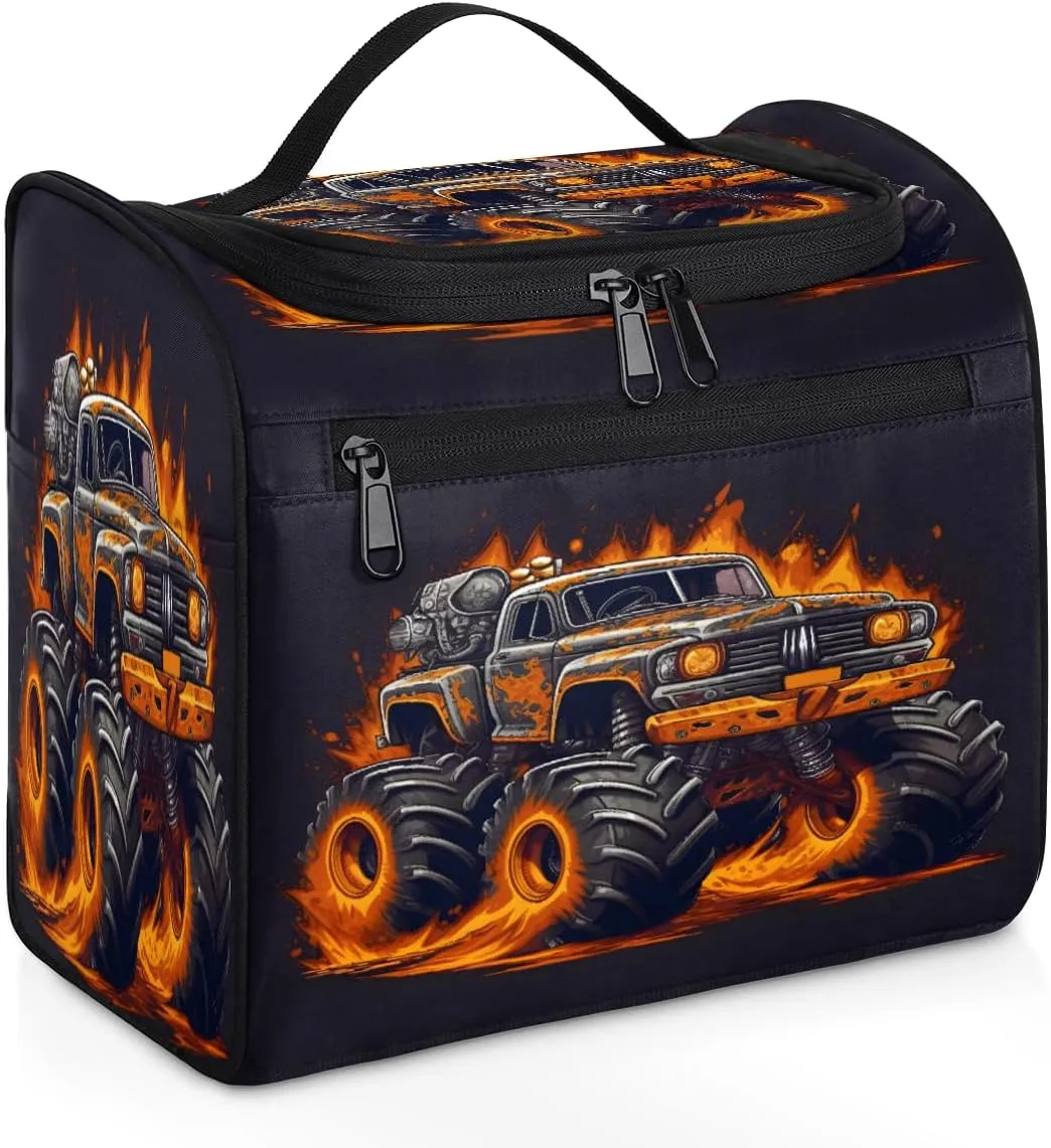 Fiery Monster Car Travel Toiletry Bag for Men and Women, Large Hanging Makeup Bag Organizer Toiletries Bag for Travel, Cosmetic Bag with Handle