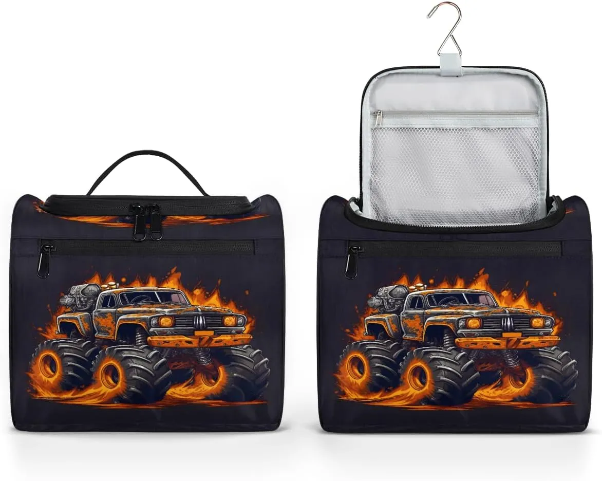 Fiery Monster Car Travel Toiletry Bag for Men and Women, Large Hanging Makeup Bag Organizer Toiletries Bag for Travel, Cosmetic Bag with Handle