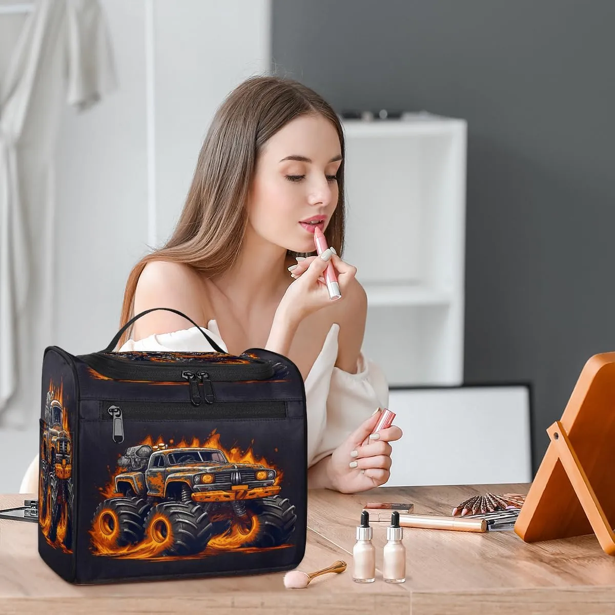 Fiery Monster Car Travel Toiletry Bag for Men and Women, Large Hanging Makeup Bag Organizer Toiletries Bag for Travel, Cosmetic Bag with Handle