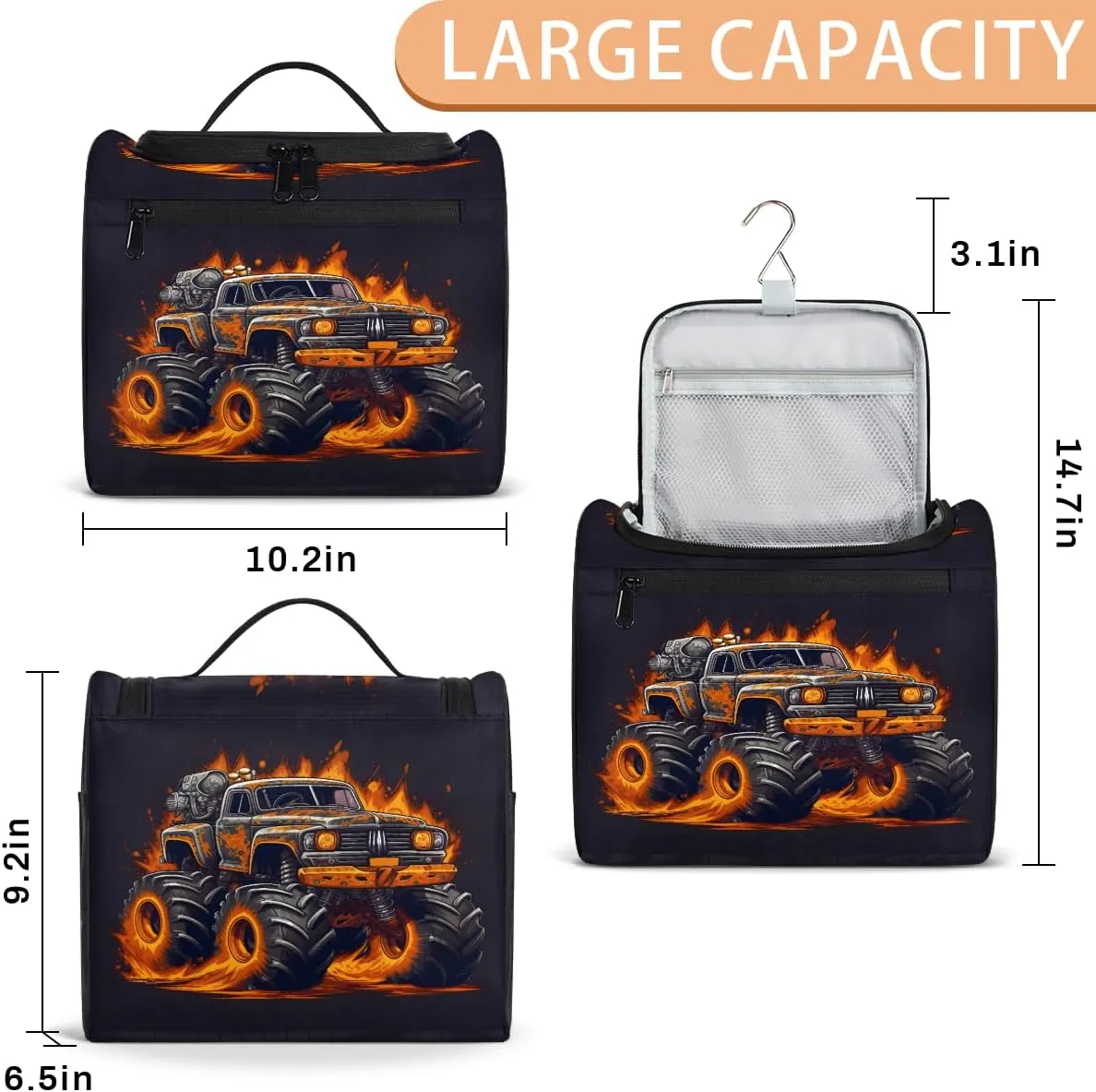 Fiery Monster Car Travel Toiletry Bag for Men and Women, Large Hanging Makeup Bag Organizer Toiletries Bag for Travel, Cosmetic Bag with Handle