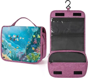 Fish Print,Toiletry Bag Hanging Travel Makeup Organizer,Underwater Landscape with Tropical Fish,Cosmetic Makeup Bag for Full Sized Toiletries,Blue