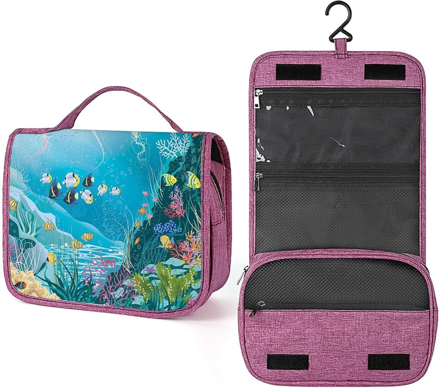 Fish Print,Toiletry Bag Hanging Travel Makeup Organizer,Underwater Landscape with Tropical Fish,Cosmetic Makeup Bag for Full Sized Toiletries,Blue