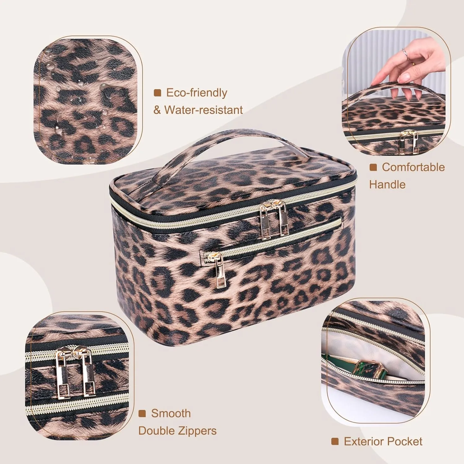 FITINI Travel Leopard Makeup Bag Cosmetic Bag with Zipper,Large Capacity Waterproof Toiletry Organizer Bag for Women Purse With Handle Zipper Brush Pouch