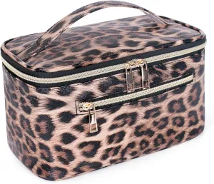 FITINI Travel Leopard Makeup Bag Cosmetic Bag with Zipper,Large Capacity Waterproof Toiletry Organizer Bag for Women Purse With Handle Zipper Brush Pouch