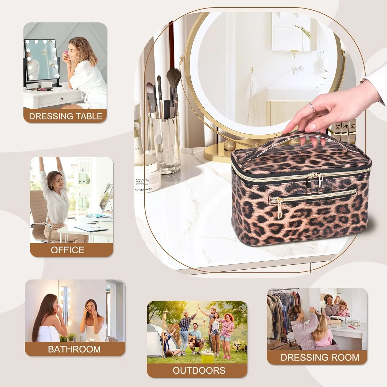 FITINI Travel Leopard Makeup Bag Cosmetic Bag with Zipper,Large Capacity Waterproof Toiletry Organizer Bag for Women Purse With Handle Zipper Brush Pouch