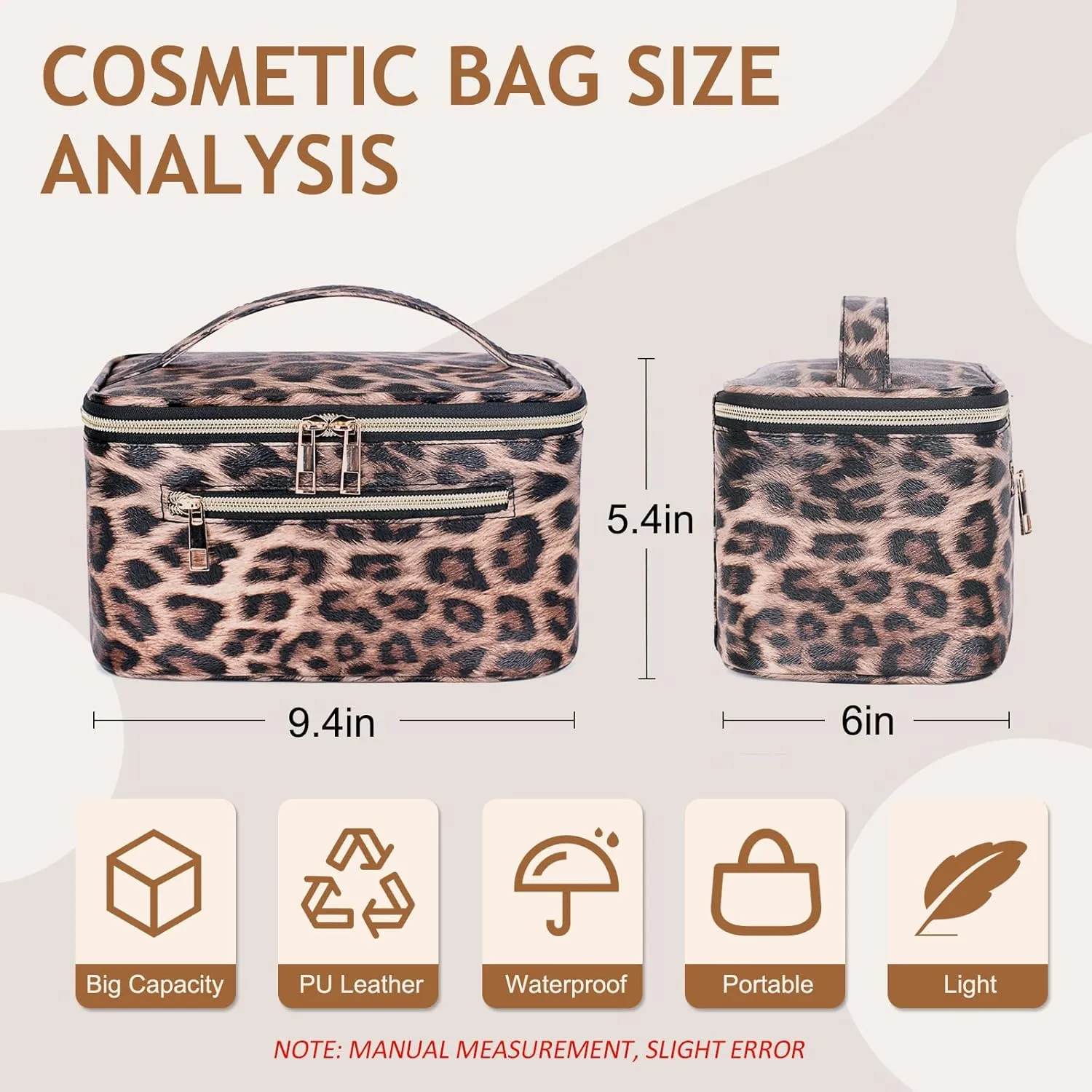 FITINI Travel Leopard Makeup Bag Cosmetic Bag with Zipper,Large Capacity Waterproof Toiletry Organizer Bag for Women Purse With Handle Zipper Brush Pouch