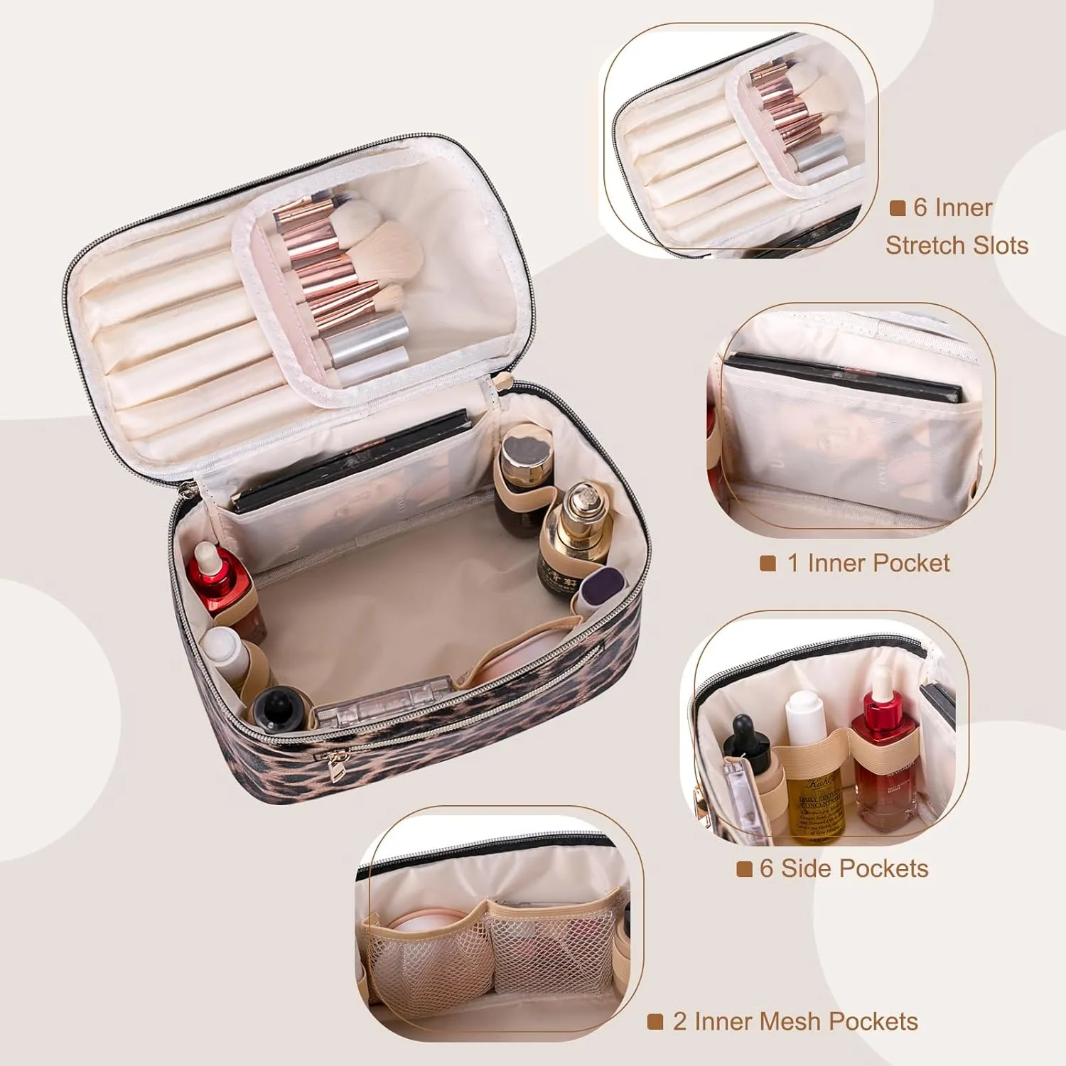 FITINI Travel Leopard Makeup Bag Cosmetic Bag with Zipper,Large Capacity Waterproof Toiletry Organizer Bag for Women Purse With Handle Zipper Brush Pouch